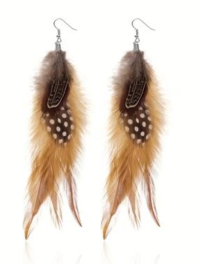 Bohemian Brown Feather Drop Earrings with Speckled Accent